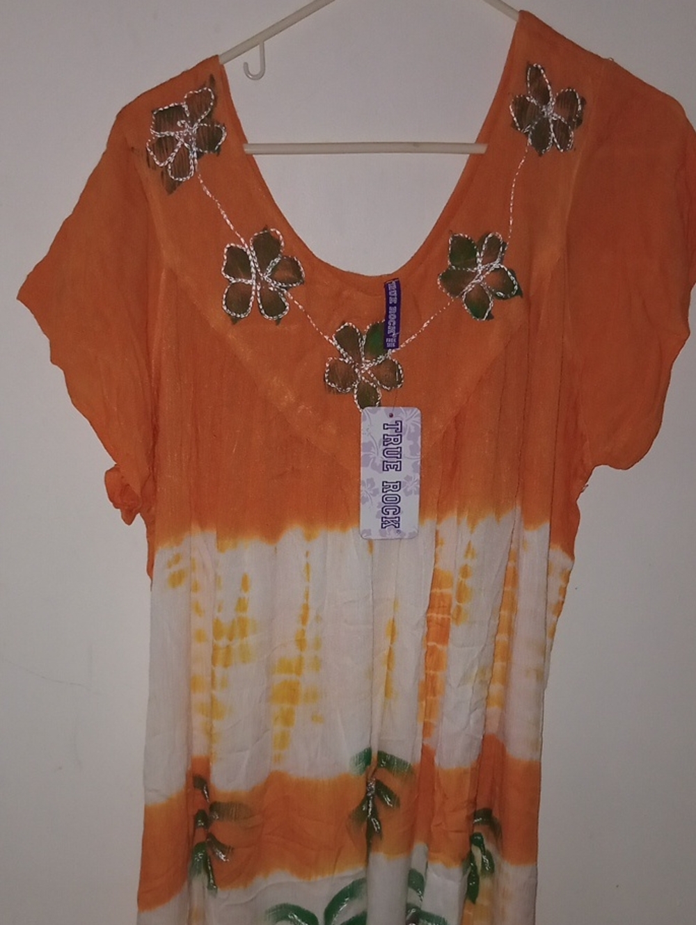 TRUE ROCK Orange and White Tie-Dye Floral Embellished Tunic